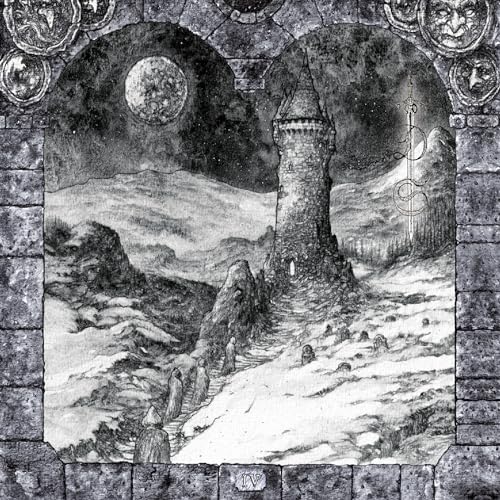 Black and white illustration of a castle tower under a full moon.