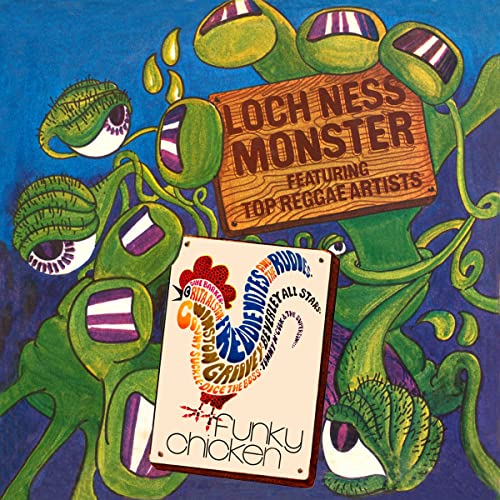 CD cover: cartoon Loch Ness Monster with a sign and a chicken.