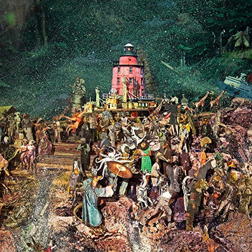 Collage album cover featuring a pink lighthouse and crowded, detailed scene.