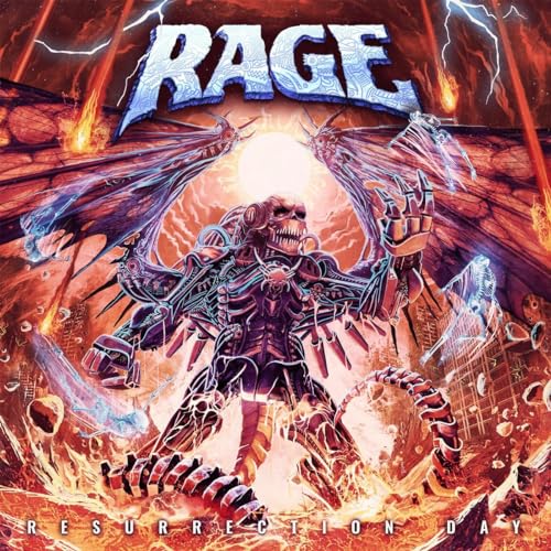 RAGE album cover: a robotic, winged skull against a fiery, stormy sky.