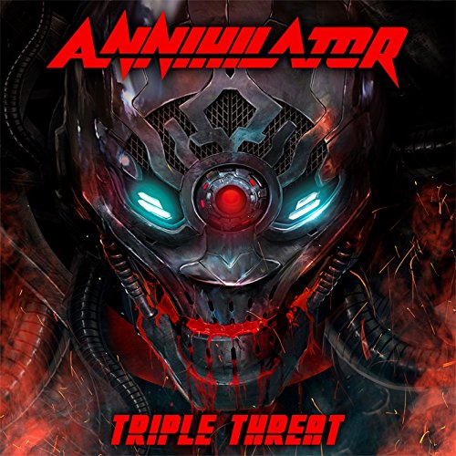 Robotic face with glowing blue and red eyes, album cover art.