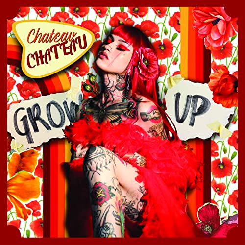 Album cover: woman with red hair and poppy tattoos, red floral background.