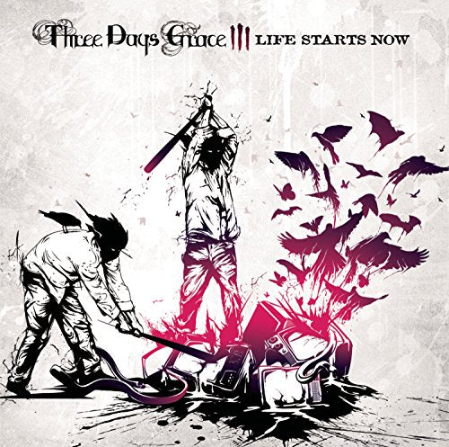 Three Days Grace album cover: figures with weapons, birds, and debris.