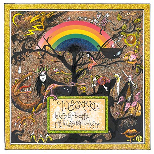 Colorful, detailed illustration of a tree with fantastical creatures and a rainbow.