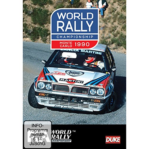 Rally car racing through a winding mountain road, DVD cover.
