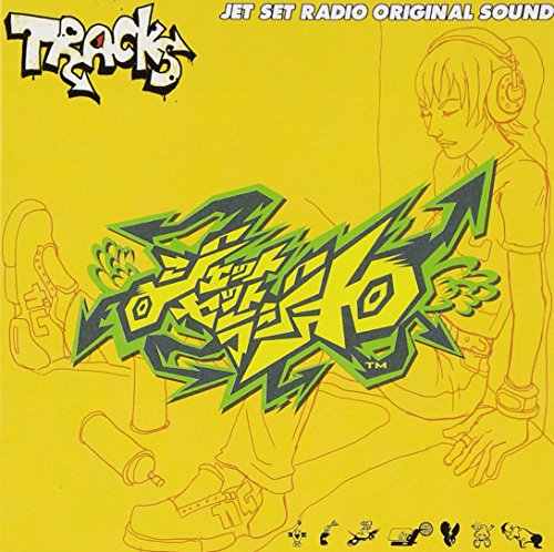 Yellow CD cover for Jet Set Radio soundtrack with graffiti and a figure.