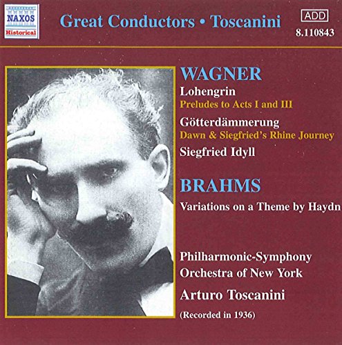 CD cover featuring a portrait of Arturo Toscanini and text listing composers Wagner and Brahms.