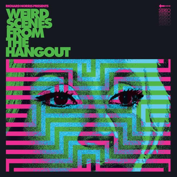 Album cover with eyes overlaid on a neon green and pink maze pattern.
