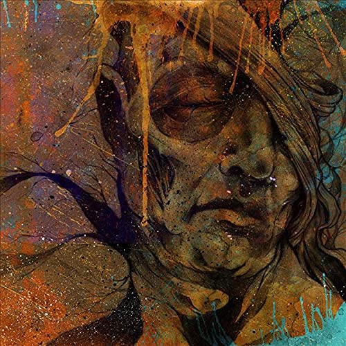 Painted portrait of a person with dripping, textured orange and blue hues.