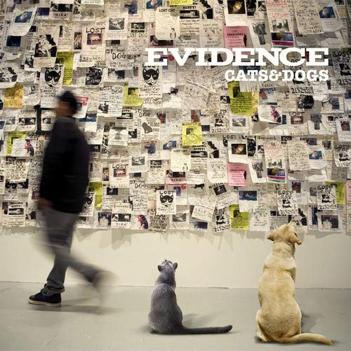 CD cover with lost pet posters, a blurred figure, a cat, and a dog.