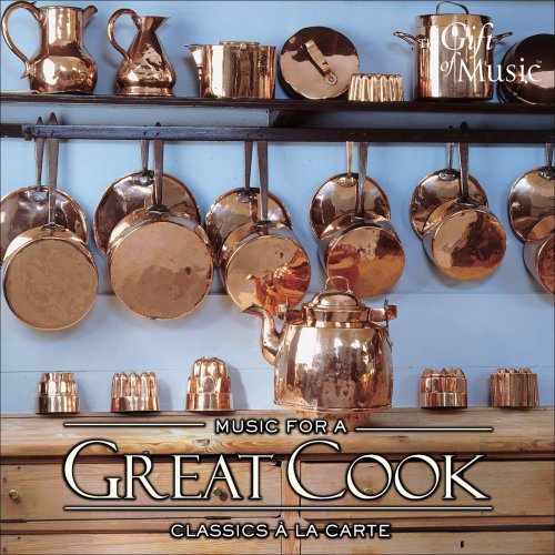 CD cover with copper cookware hanging on a wall, text “MUSIC FOR A GREAT COOK”.