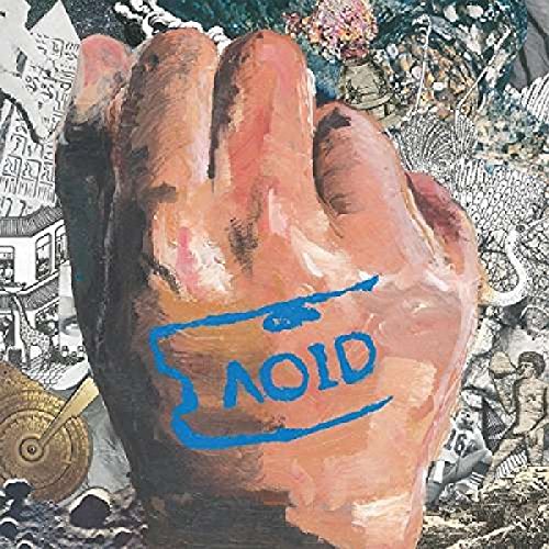 Painted hand with blue “AOID” text over a collage background.