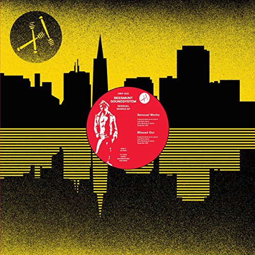 Vinyl record label with a city skyline and figure in red.