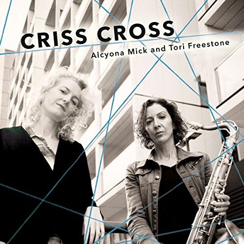 CD cover featuring two women with saxophone, overlaid with blue lines.