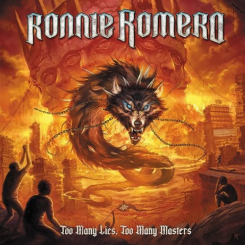 Album cover: Ronnie Romero, werewolf, fiery cityscape, and kneeling figures.