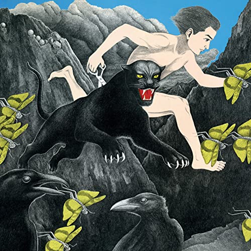 Nude man running from a black panther with origami cranes.