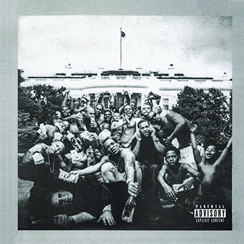 Black and white album cover featuring a group in front of the White House.
