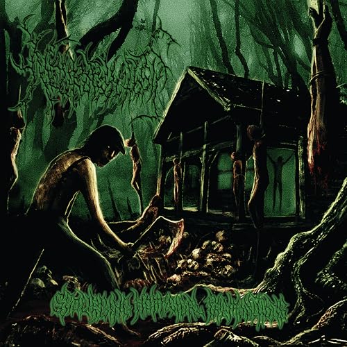 Dark album cover depicting a figure with an axe near a cabin and hanging figures.