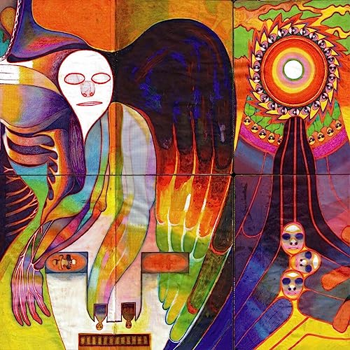 Colorful album cover featuring a masked figure and abstract sun imagery.
