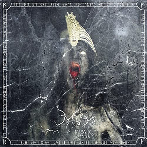 Dark album cover featuring a distorted face with a bird skull and runes.