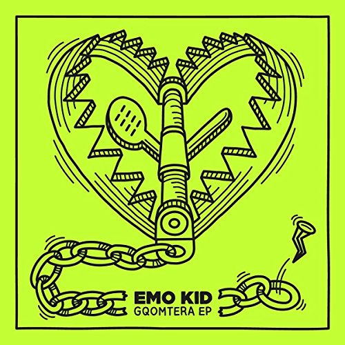 Bright green album cover with black line art of a chained heart and tennis racket.
