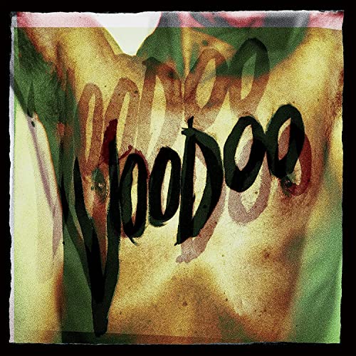 Album cover for "Voodoo" with abstract, textured yellow and green paint.