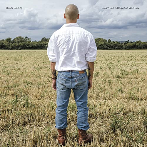 Man with shaved head stands in a field, back to viewer.