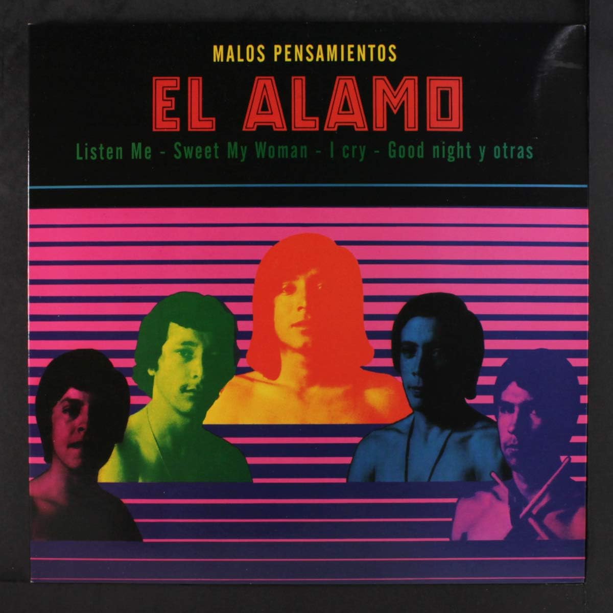 Vinyl album cover for El Alamo’s “Malos Pensamientos” featuring band portrait.