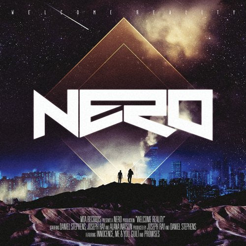 Nero album cover: cityscape, diamond shape, two figures silhouetted on a hill.