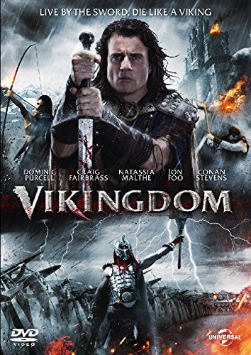 DVD cover for "Vikingdom" featuring a warrior with a sword, stormy background.