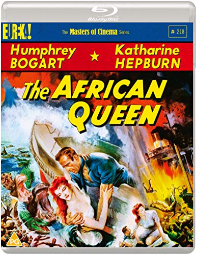 Blu-ray cover art for The African Queen featuring Humphrey Bogart and Katharine Hepburn.
