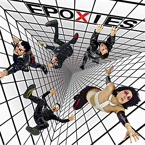 Band members falling into a white, geometrically patterned vortex.