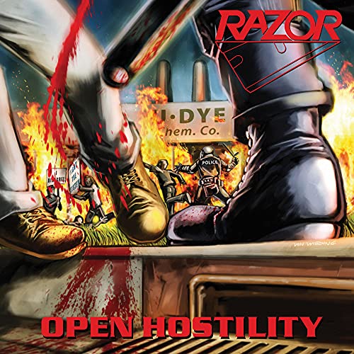 CD cover for Razor’s “Open Hostility” depicts violent protest imagery.