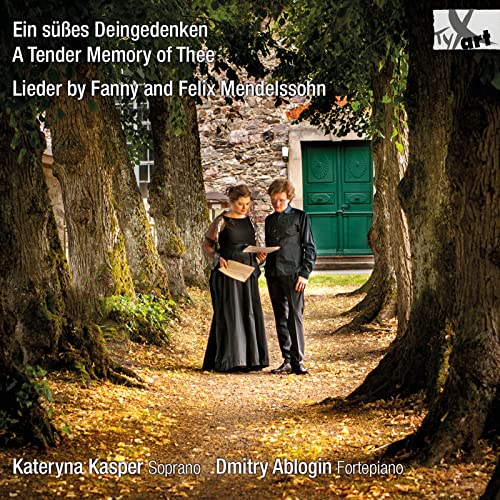 CD cover: Couple with sheet music standing before a green door and trees.