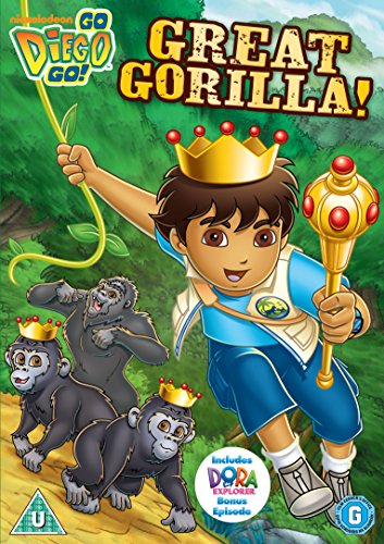 DVD cover featuring Diego wearing a crown and holding a scepter with three gorillas.