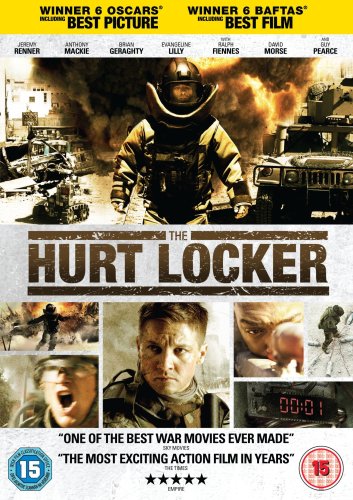 Hurt Locker" DVD cover featuring a soldier in a bomb suit amidst war scenes.
