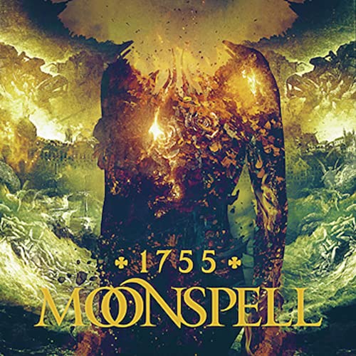 Moonspell “1755” CD cover: fiery figure amidst a chaotic, burning city.