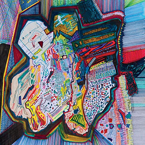 Abstract colorful artwork featuring a stylized kudu animal shape.