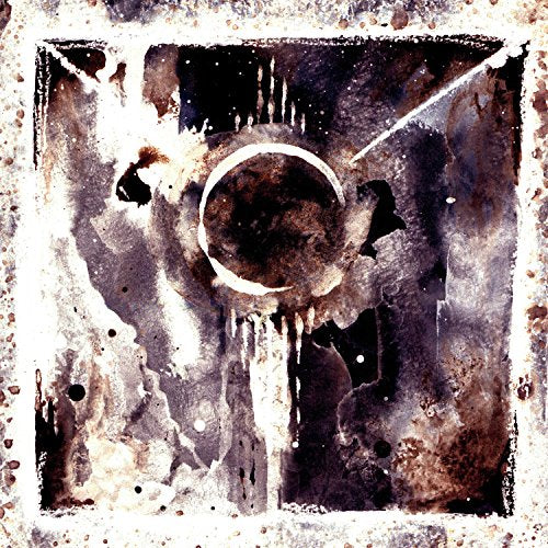 Abstract watercolor art with dark brown and purple washes and a central circular void.