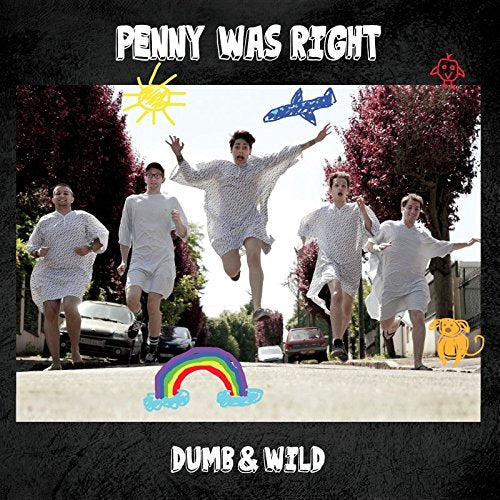 CD cover: Five people in pajamas running on a street with cartoon elements.