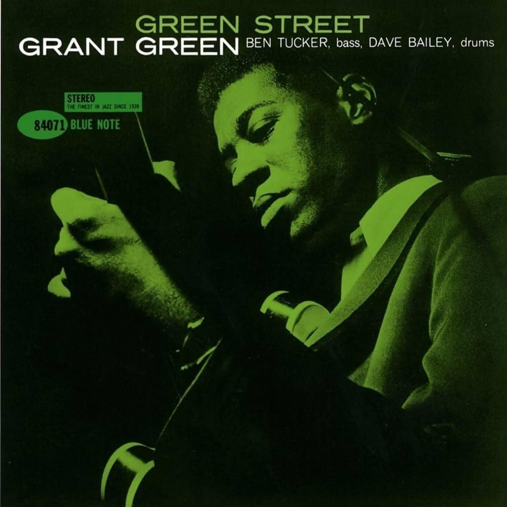 Grant Green's "Green Street" CD cover featuring a portrait of the guitarist.