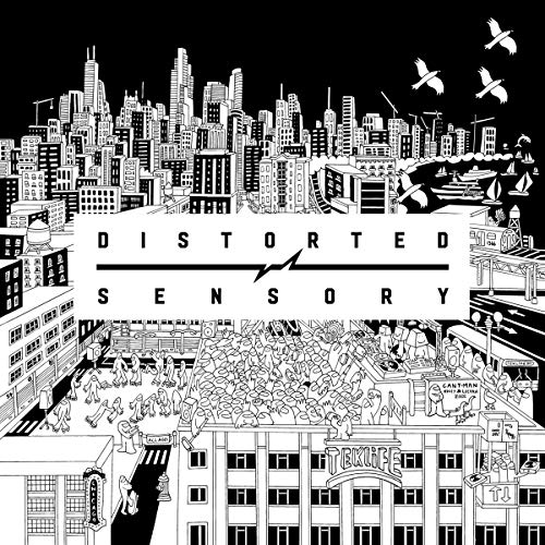 Black and white cityscape illustration with crowds and album title “Distorted Sensory”.