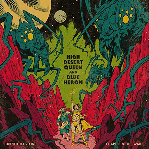 Album cover: two figures stand before giant, menacing, insect-like creatures.