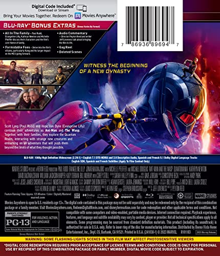 Blu-ray case for "Ant-Man & The Wasp: Quantumania" featuring heroes and a large sphere.