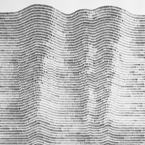 Black and white abstract image of wavy, repeating square patterns.