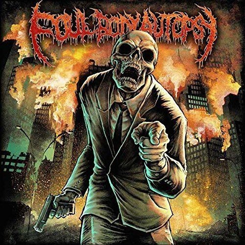 CD cover: skeletal figure in a suit amidst a burning city.