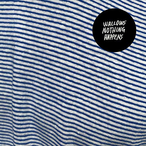 Blue and white striped fabric with a black circle containing text.