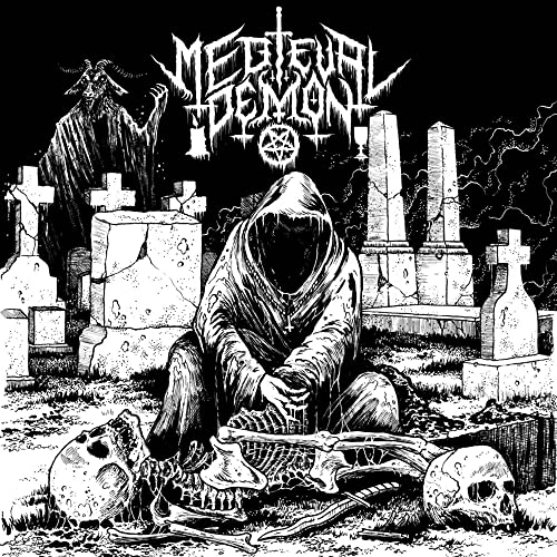 Black and white illustration of a hooded figure in a graveyard.