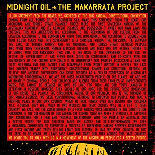 Red CD cover with text from the Uluru Statement and a golden handprint.