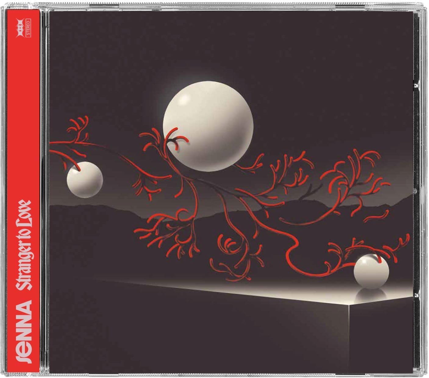 CD case for Senna’s “Stranger To Love” with abstract red and white design.
